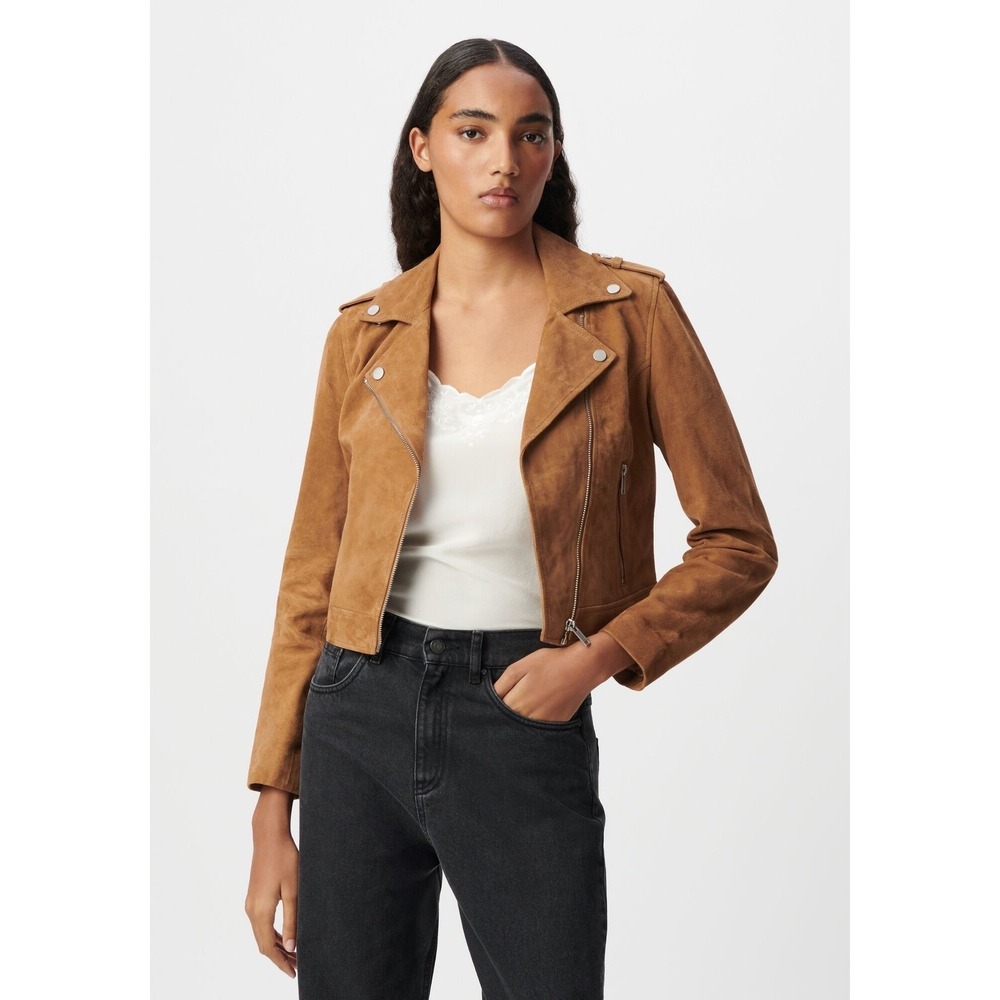 IKKS Women's Goat Leather Velour Biker Jacket Camel Suede Cropped Moto Size S/M